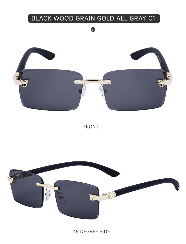 European and American Retro Frameless Sunglasses for Men with Imitation Wood Grain Temples, Men's Mountaineering Glasses shades