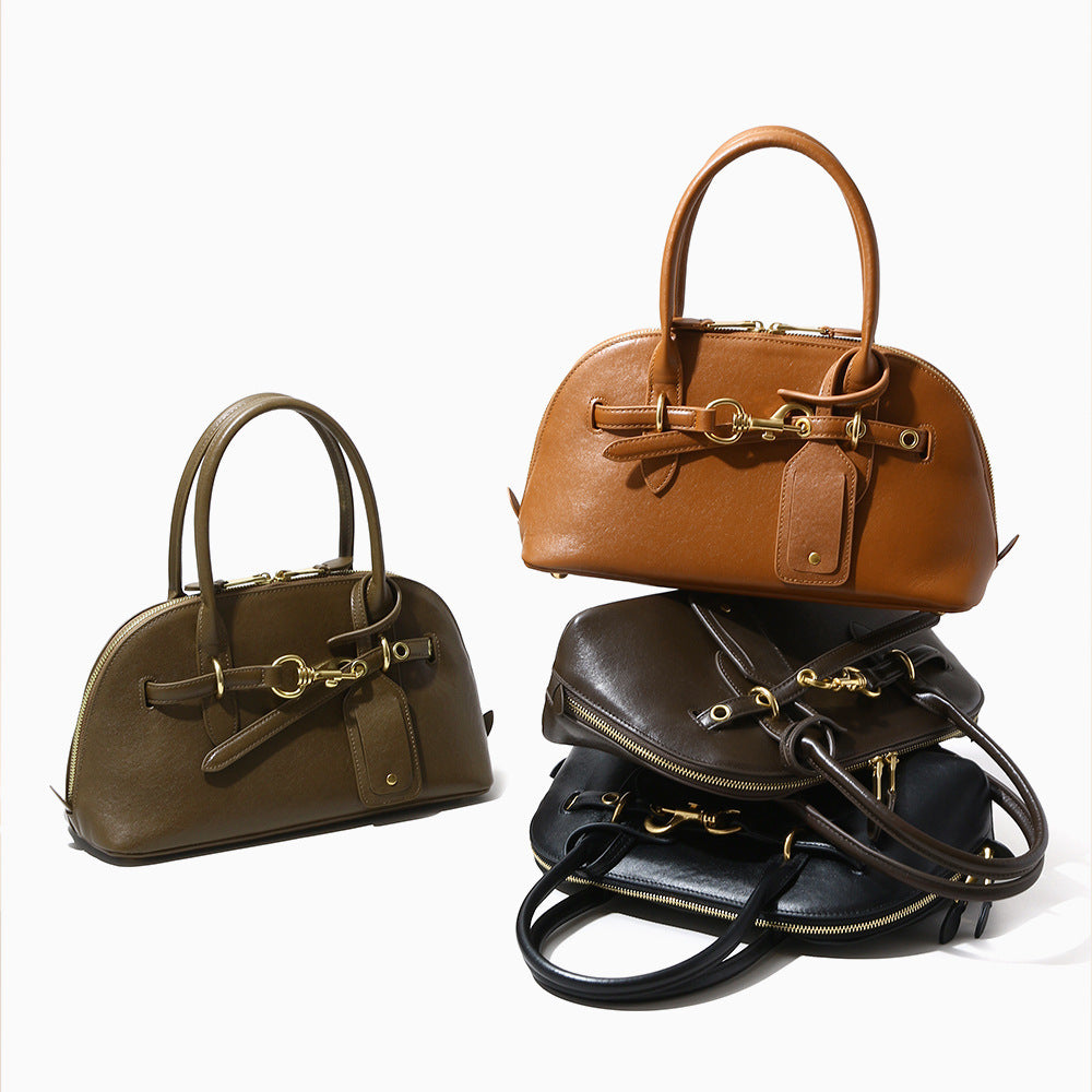 Miaojia Same Style European and American Retro Handbag Female Sense Top Layer Cowhide Crossbody Shell Bag Niche Boston Bag