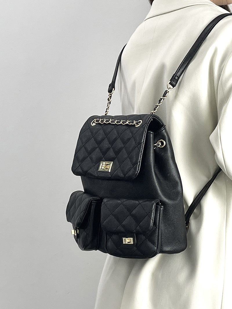 Internet Celebrity Same Style Fashion Versatile Small Chanel Style Diamond Double Shoulder Women's Bag Fashionable Backpack Japanese and Korean Style Women's Bag New Trendy