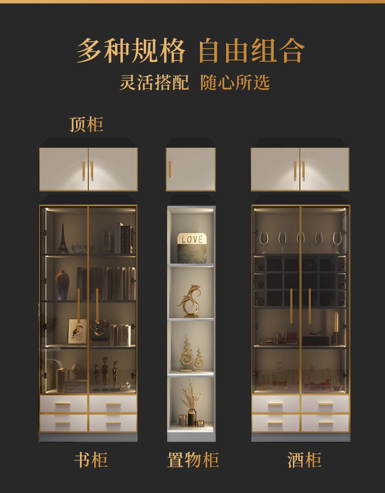 Modern Light Luxury Bookshelf Paint-Free Board Aluminum Alloy Glass Door Combination Bookshelf Wine Cabinet Simple Floor Storage Cabinet Integrated
