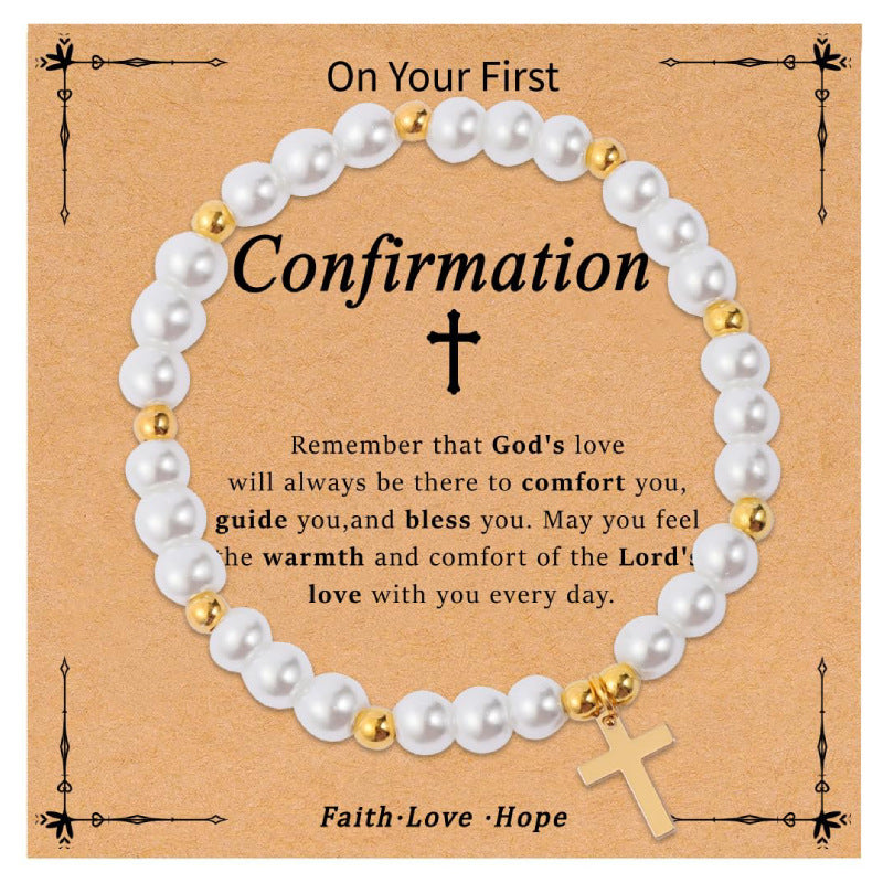 Imitation Pearl Holiday Bracelet Women's Gift Gold Bead Elastic Bracelet with Card Cross Easter Bracelet