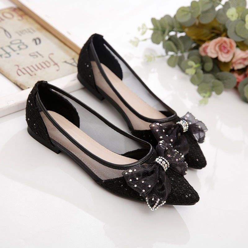 Summer Breathable Cool Single Shoes for Women, New Korean Style Evening Breeze Loafers, Bowknot Mesh Pointed Flat Shoes