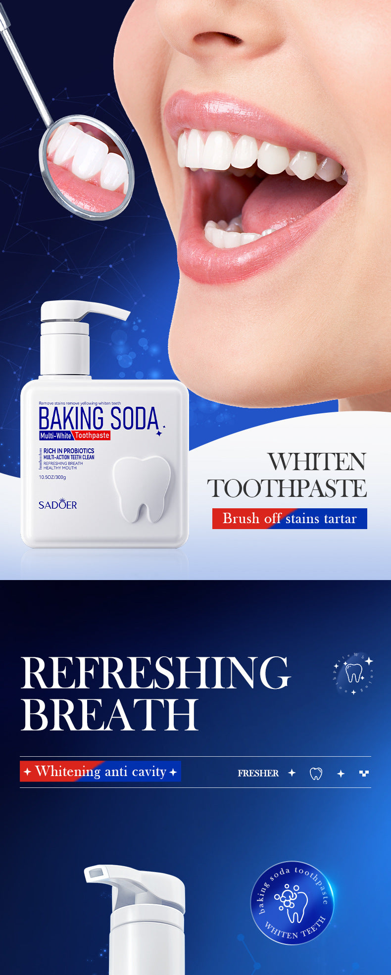 Full English Pump Toothpaste SADOER Baking Soda Probiotics Teeth Cleaning Oral Freshness  Wholesale