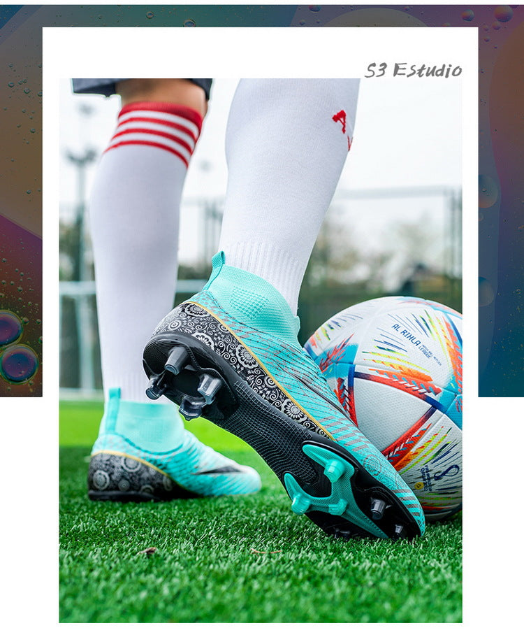 World Cup Same Style Blue and White Porcelain High-top Soccer Shoes for Men and Women, Children and Youth Competition Training Shoes