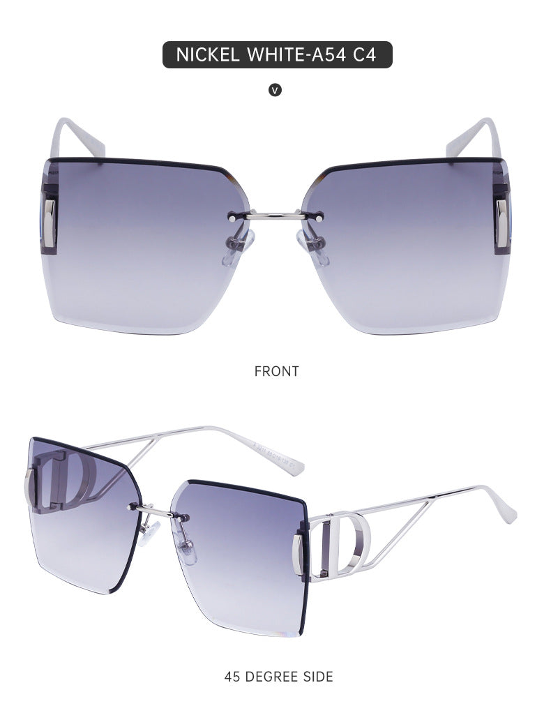 New European and American Fashion Diamond Cut Edge Rimless Sunglasses for Women Trendy Hollow Temple Large Frame Sunglasses Women's Glasses