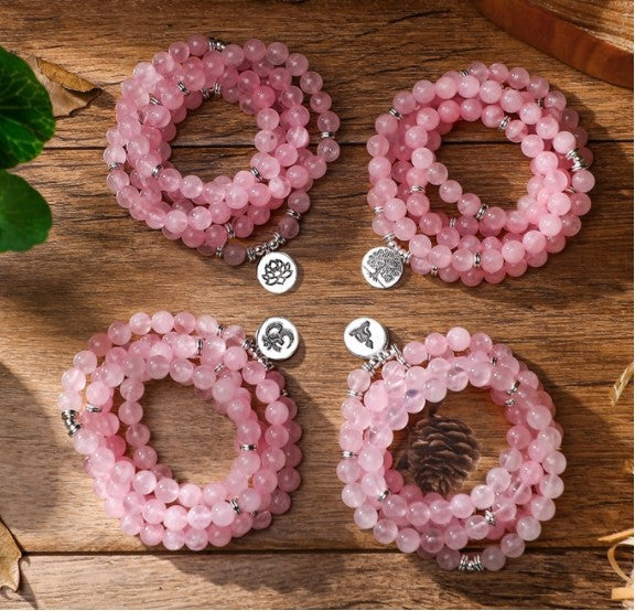 108Pink Quartz Bracelet Lotus Pendant Necklace Bracelet Buddhist Bead Necklace Factory Direct Sale