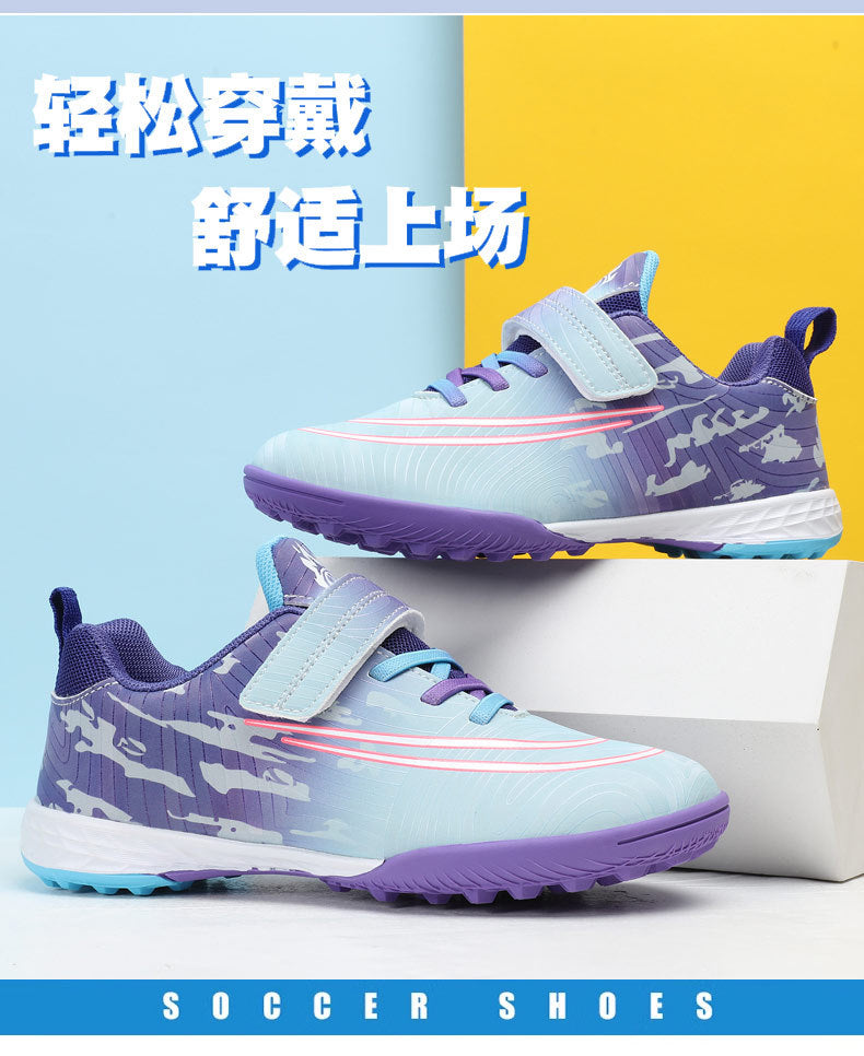 New Football Shoes for Men, Women, and Children, Imitation Leather Low-Top Anti-Collision Spike Magic Tape Grass Training Sports Shoes