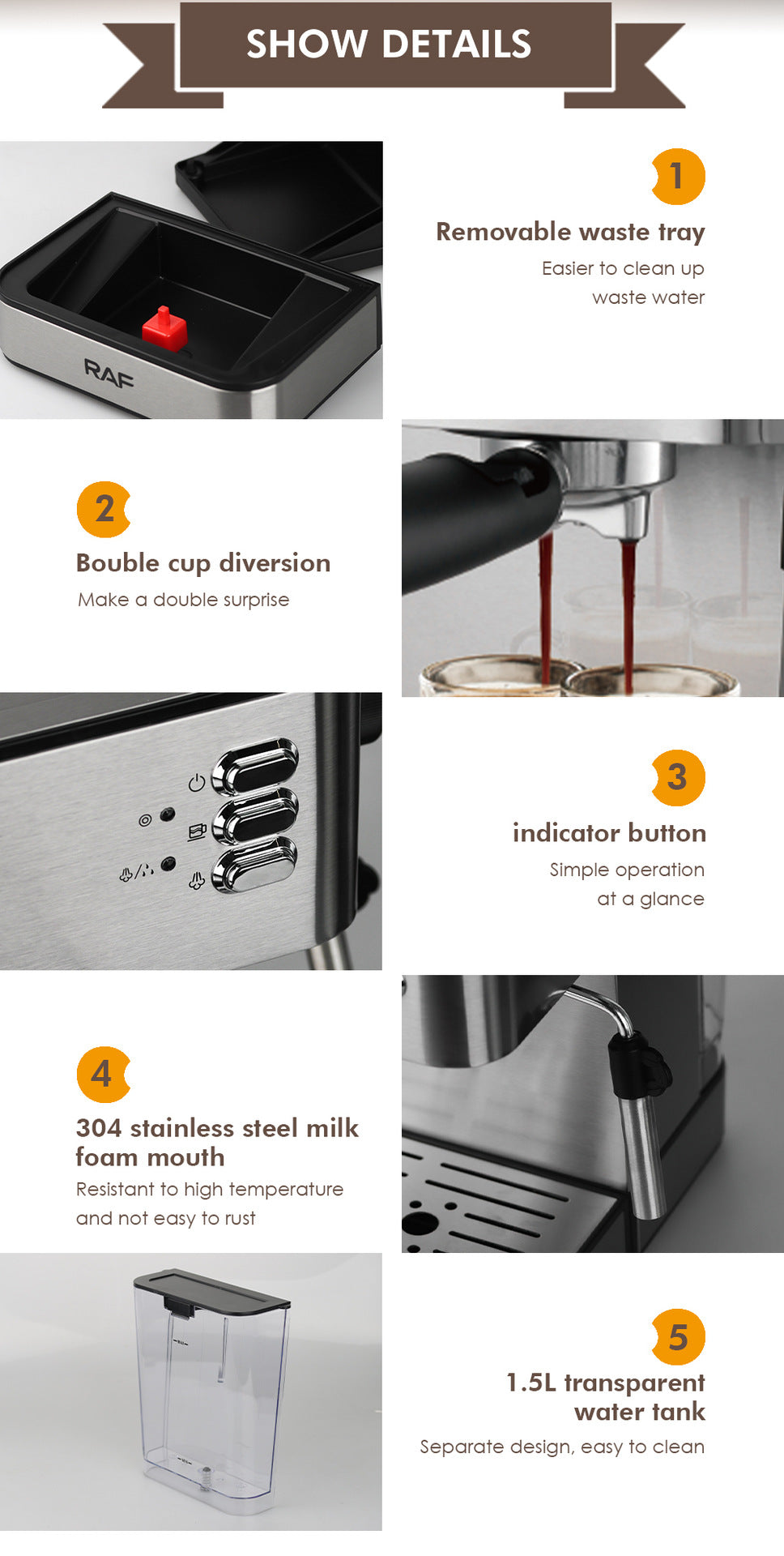 RAF家用咖啡机，欧标插头，小型意大利半自动蒸汽奶泡器，集成咖啡壶