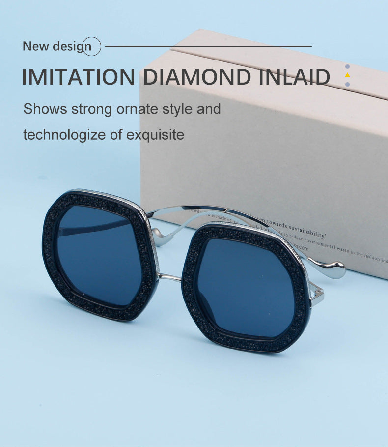 European and American Style Women's Sunglasses with Rhinestones, Irregular Polygonal Large Frame Sunglasses, Trendy High-End Glasses Wholesale