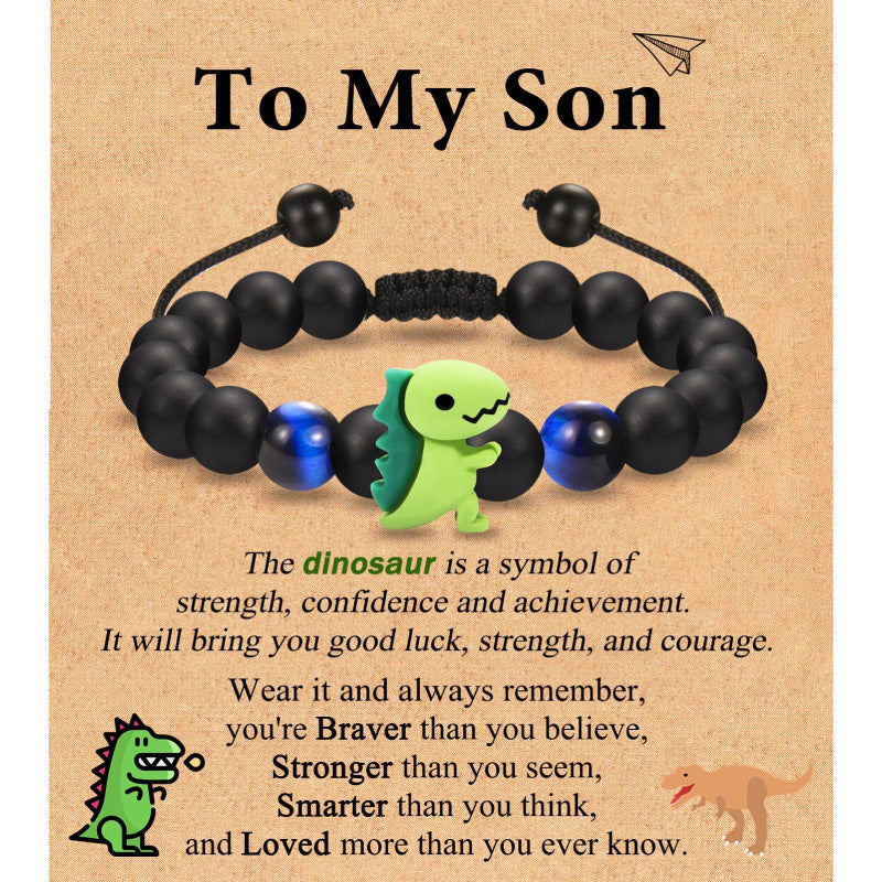 Black Matte Woven Bracelet with Tiger Eye Stone8mm Beaded Children's Back-to-School Season Bracelet Card Little Dinosaur Woven Bracelet