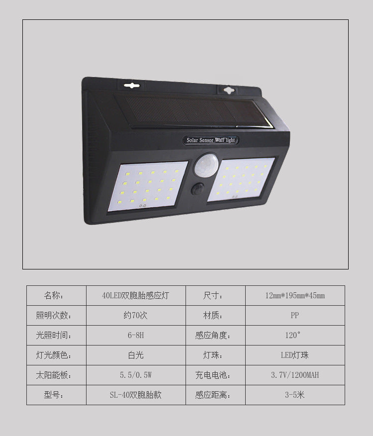 Solar Light Outdoor Waterproof Wall Light40LED Street Light Twin Garden Landscape Lamp Human Body Sensor Street Light