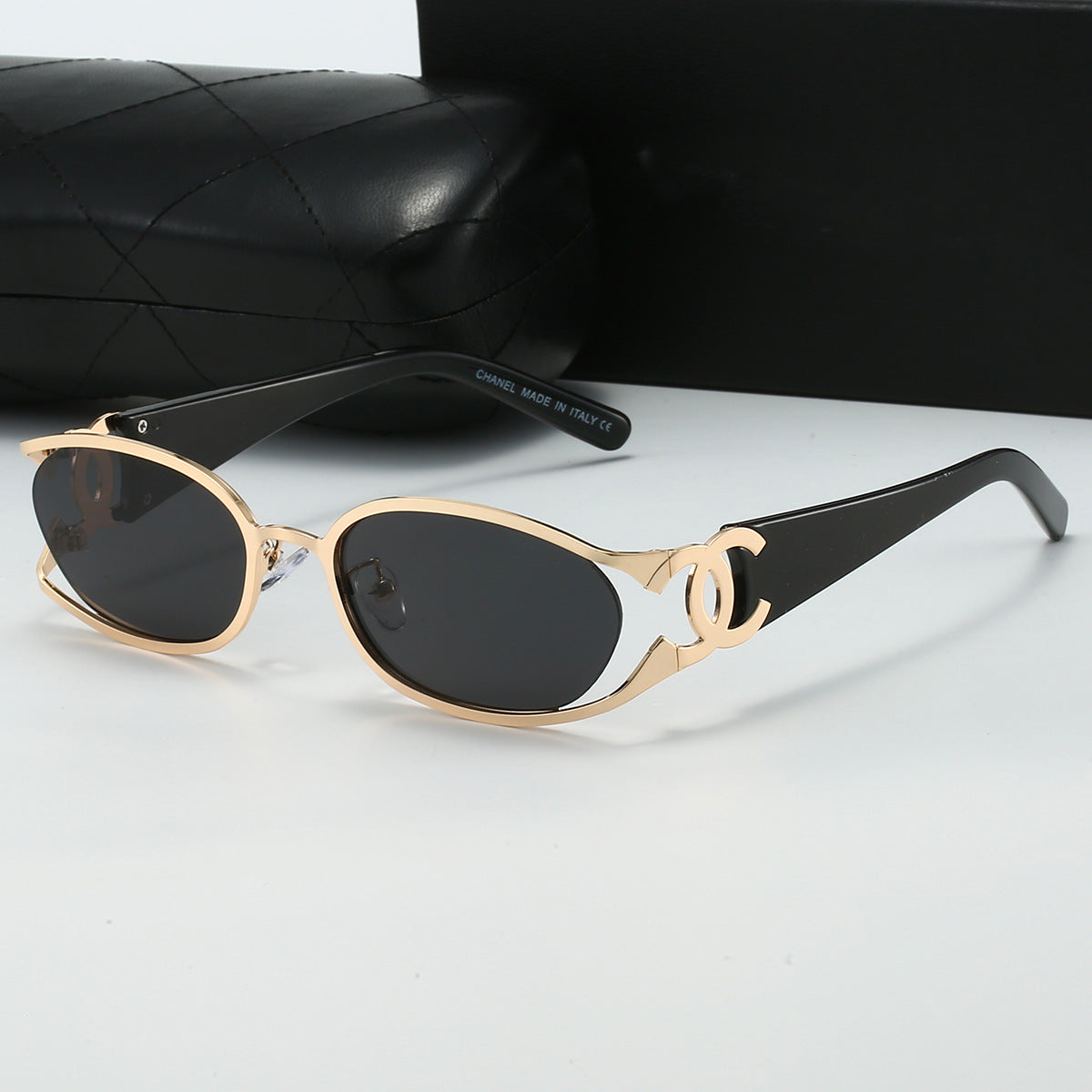 Chanel Style Double C Letter Sunglasses Metal Frame gold Hollow Temple Sunglasses for Women Oval Vintage Style Fashionable