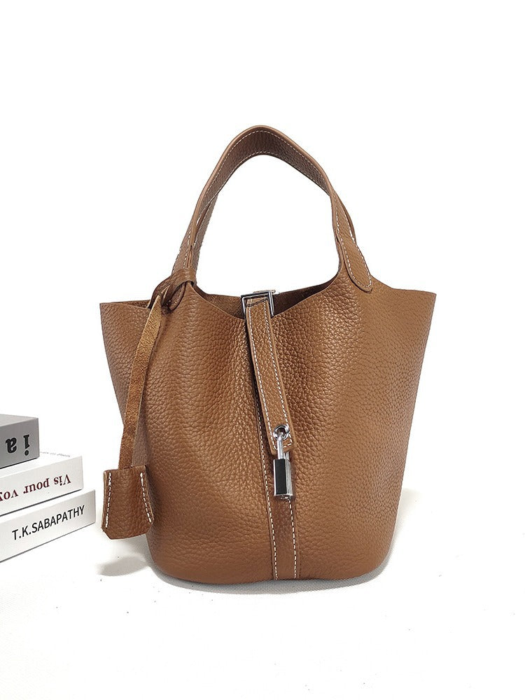 Women's Basket Bag2025New High-End First Layer Cowhide Bucket Bag Casual Handheld Women's Tote Bag Trendy