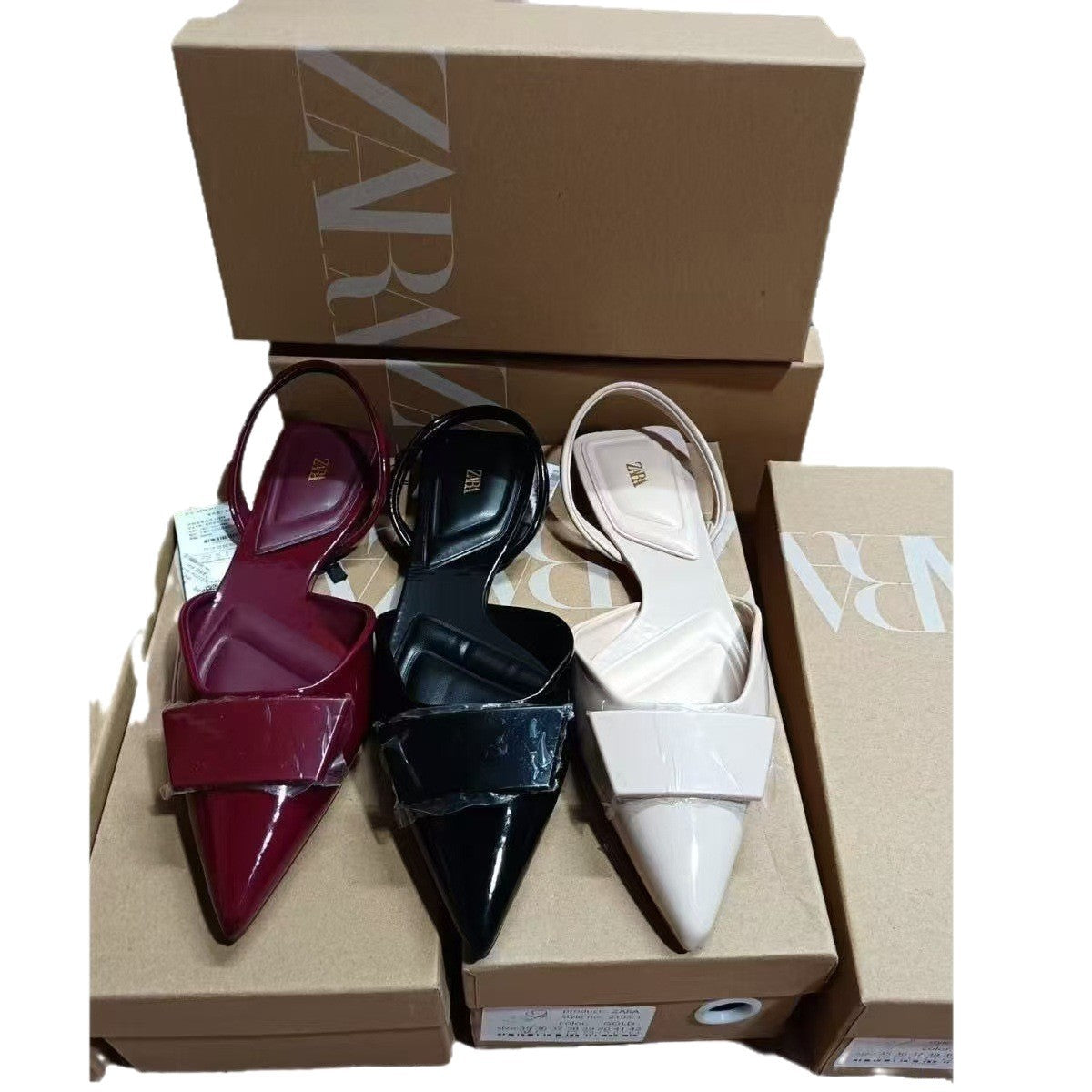 ZA European and American Summer New Pointed Toe Women's Shoes Fashion Patent Leather Three-Color Flat Square Buckle Head Decoration Back Strap Sandals for Women