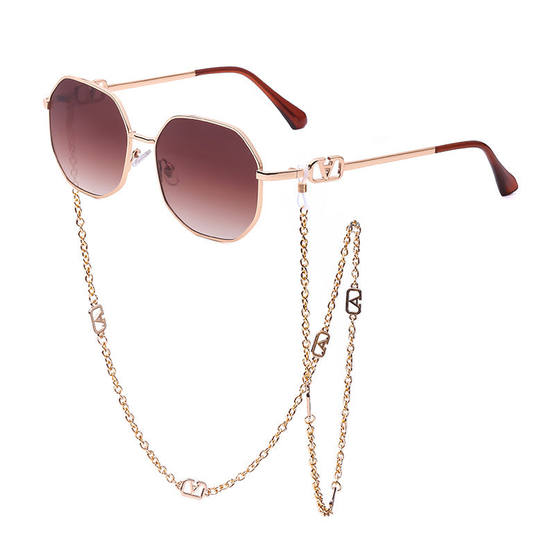 Chain Sunglasses for Women, Internet Celebrity Style, Anti-Drop Chain, Irregular Polygonal Full Frame Sunglasses for Women, Trendy