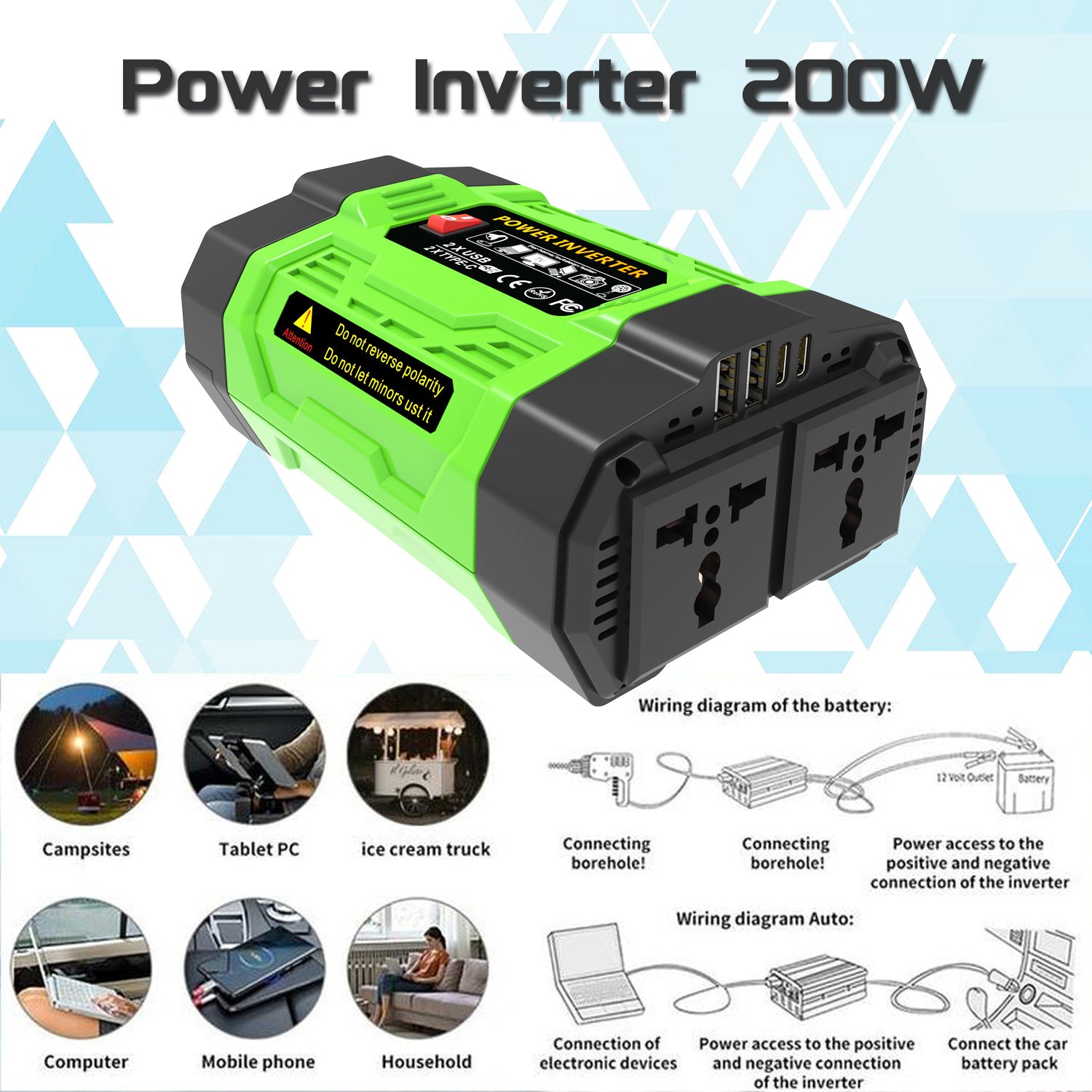 Vehicle Inverter200W300W600W12V Turn110V/220V With dual sockets USB/Type-C Converter
