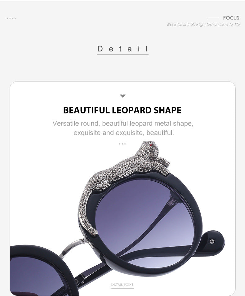2025New Anti-Blue Light Glasses for Women Leopard Head Diamond-Studded European and American Round Frame Sunglasses Trendy Large Frame Sunglasses High-End Feel
