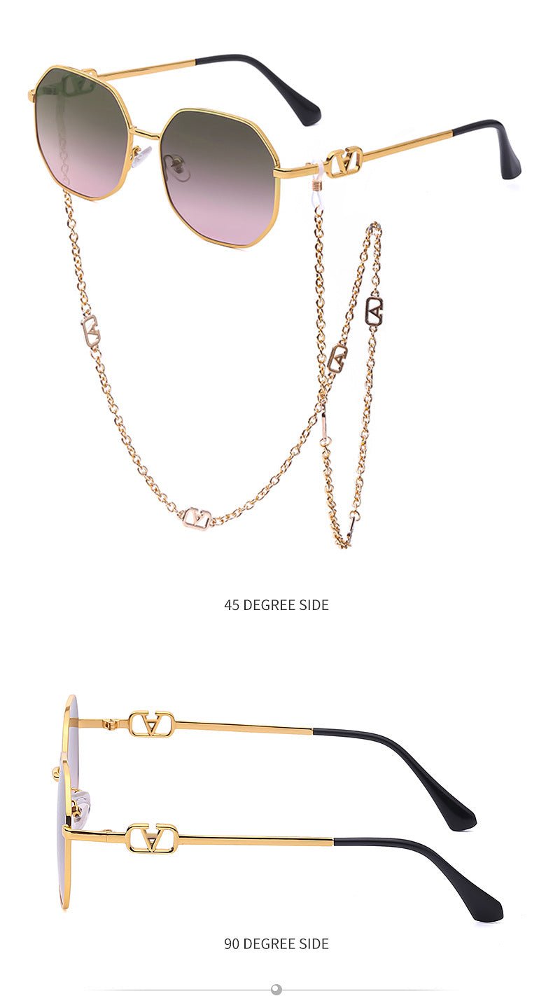 Chain Sunglasses for Women, Internet Celebrity Style, Anti-Drop Chain, Irregular Polygonal Full Frame Sunglasses for Women, Trendy