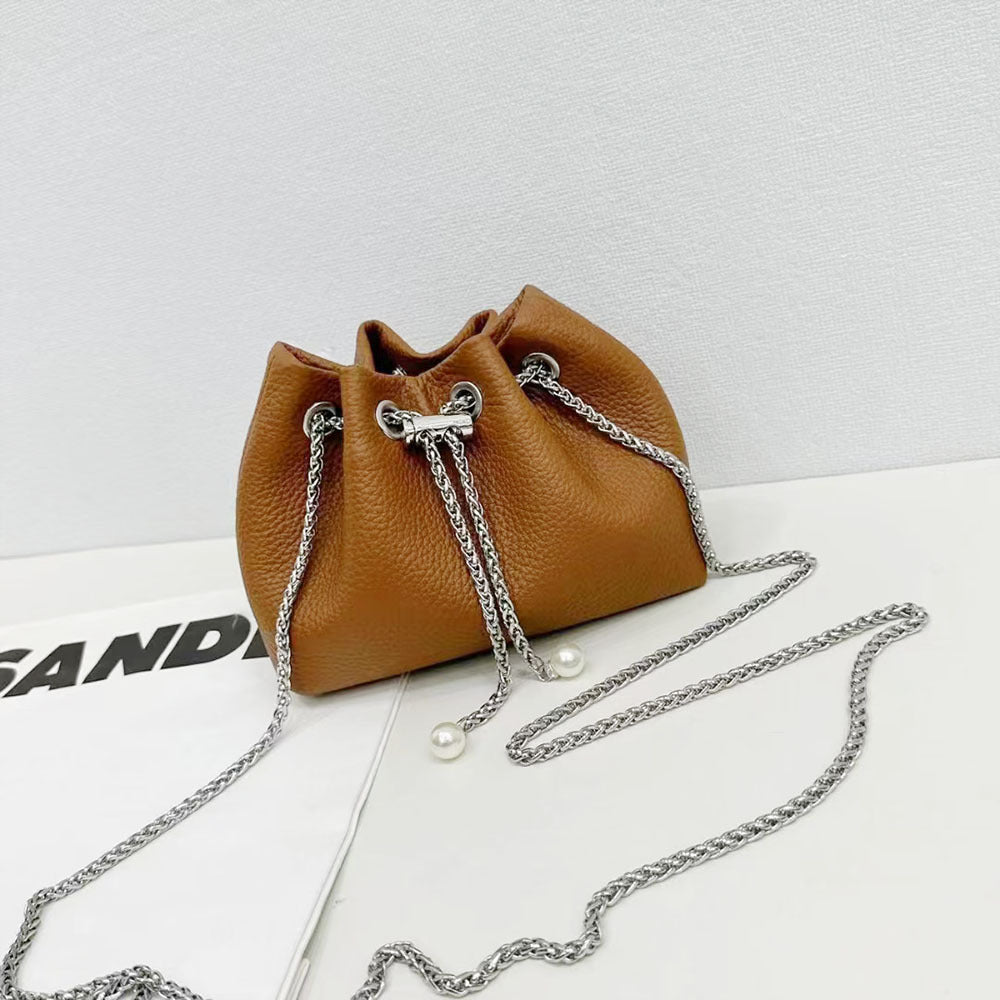 Niche Genuine Leather Bucket Bag for Women2024New Mini Small Bag Top Layer Cowhide Autumn Chain Shoulder Crossbody Bag