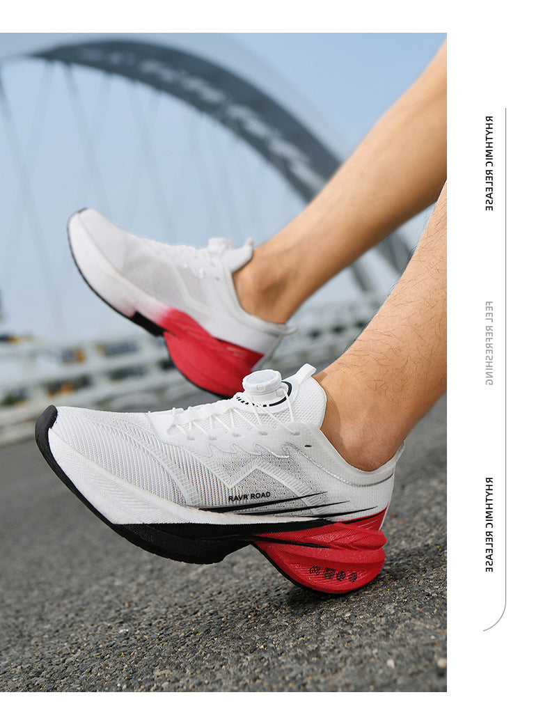 Summer New Hollow Breathable Rotating Buckle Racing Running Shoes Full Palm Carbon Plate Thick Sole Cushioning Sports Shoes