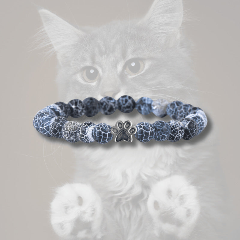 Animal Paw Print Bracelet Women's Natural Stone8mm Beaded Black Weathered Volcanic Stone White Pine Cat Claw Bracelet