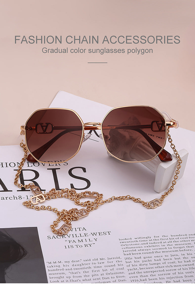 Chain Sunglasses for Women, Internet Celebrity Style, Anti-Drop Chain, Irregular Polygonal Full Frame Sunglasses for Women, Trendy