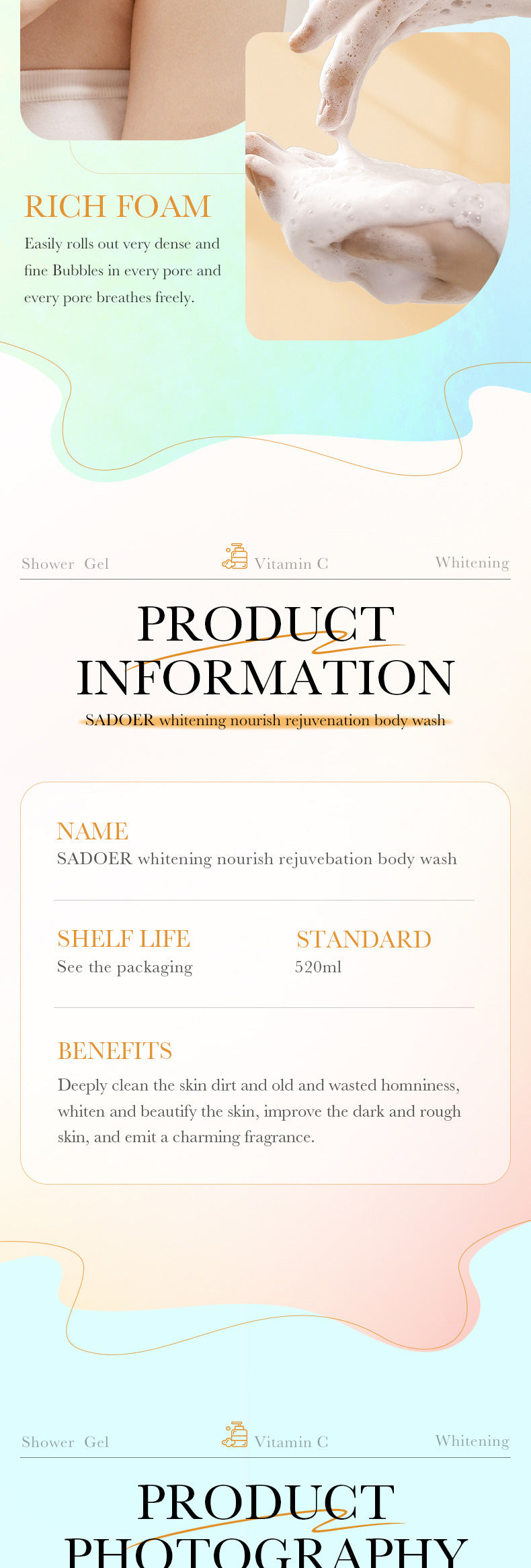 All English Vitamins C Shower Gel520g SADOER Whitening, Moisturizing and Cleansing Body Wash  Foreign Trade Wholesale