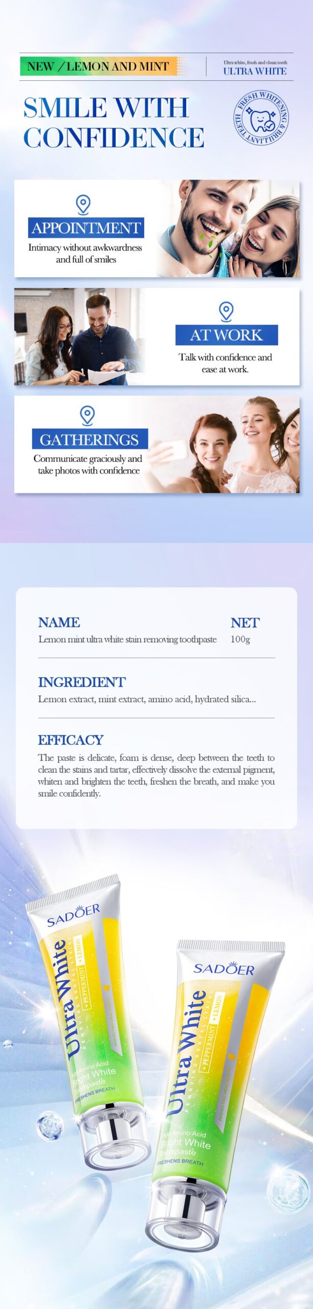 Lemon Mint Whitening Toothpaste SADOER Stain Removal Cleaning Tartar Toothpaste Cross-Border Wholesale - 图片 17