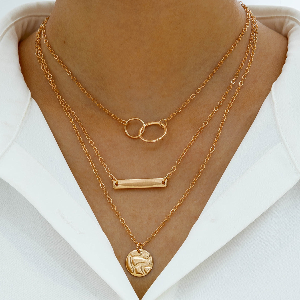 European and American Fashion Collarbone Chain Round Pendant Tassel Multi-layer Stacking Necklace Layered One-word Necklace3Set - 图片 26