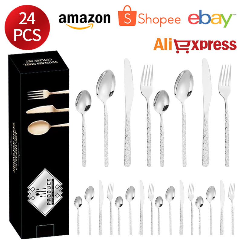 410Stainless Steel Cutlery Set Stone Pattern Knife Fork Spoon24Western-style dining set6Steak Knife and Fork for One Person - 图片 6