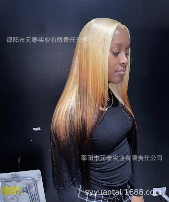 gold Brown Gradient Highlight Synthetic Wig Cross-Border Europe and America Blonde Ombre 13*4 Lace Front - 图片 10