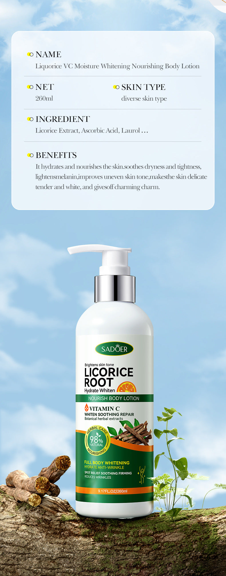 Licorice VC Body Lotion260gSADOER Whitening, hydrating, moisturizing skin care cross-border wholesale - 图片 14