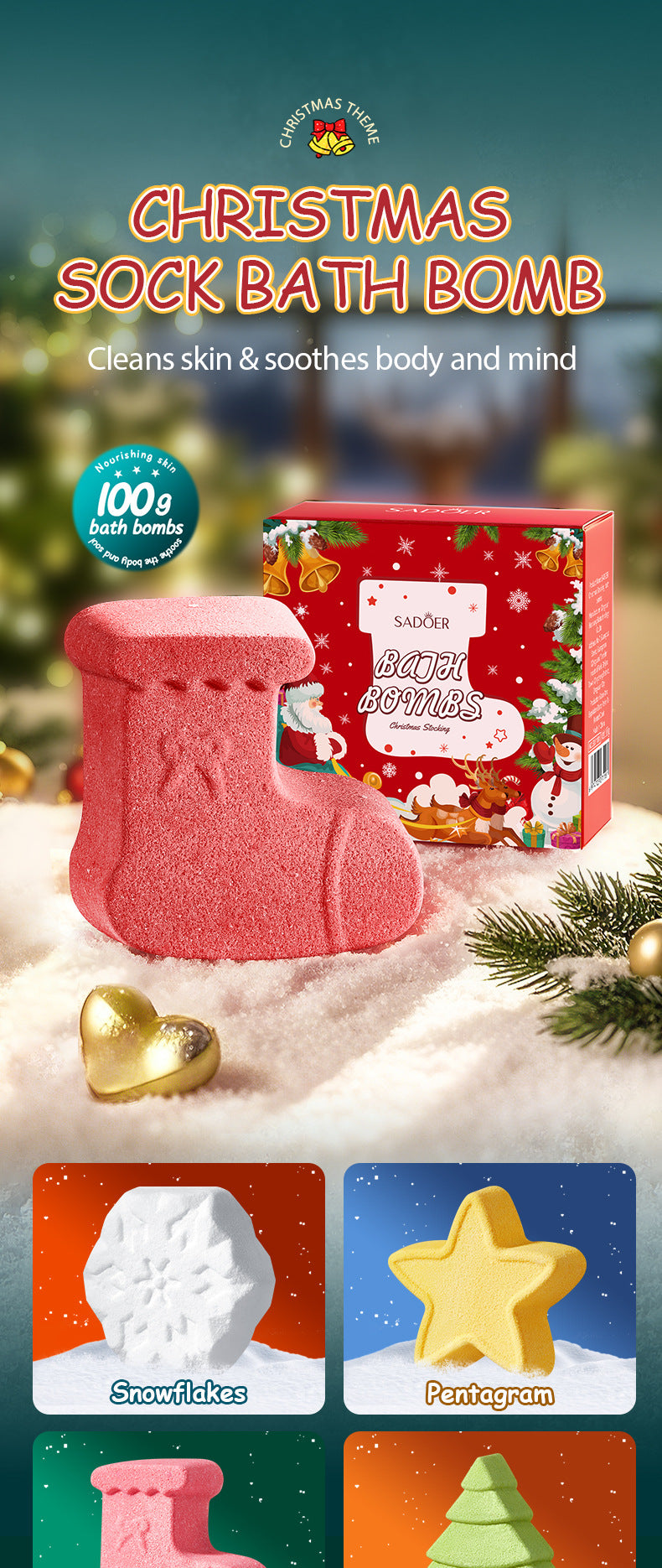 Cross-Border Christmas Stocking Bath Bombs SADOER Deep Cleansing Body Bath Bath Salts Export Manufacturer Wholesale - 图片 7