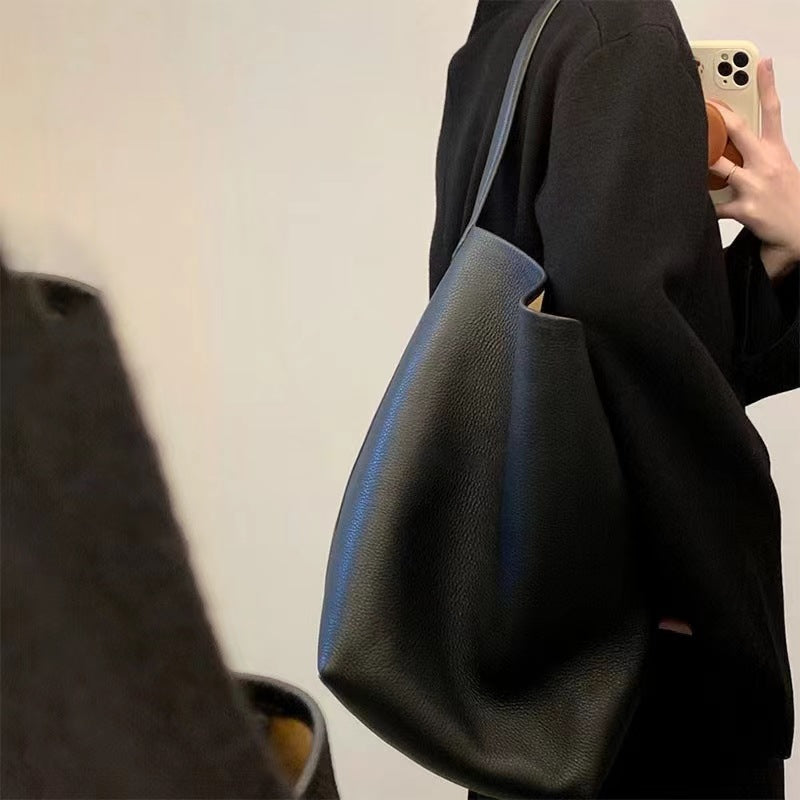 Women's Genuine Leather Underarm Bag, Large Capacity Single Shoulder Tote Bag, Top Layer Cowhide Commuter High-End Bucket Bag - 图片 9
