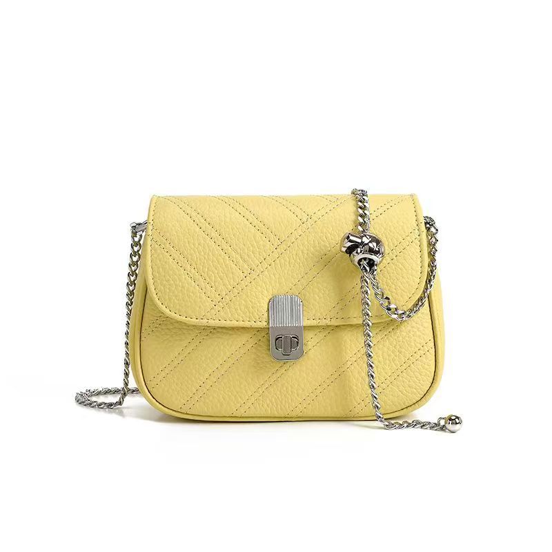 Genuine Leather Women's Bag New Metal Chain Small Square Bag Simple Versatile Chanel Style Single Shoulder Solid Color Embroidered Thread Crossbody Bag - 图片 6
