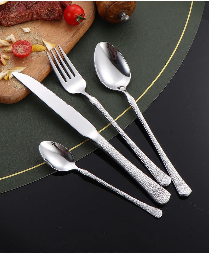 410Stainless Steel Tableware Hotel Restaurant Hammered Knife Fork Spoon24Set of High-End Western Cuisine Embossed Steak Knives and Forks - 图片 39