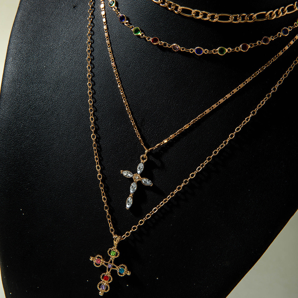 European and American Retro Hollow Diamond Cross Pendant Necklace Gothic Style Black Layered Wear Y Type Necklace - 图片 67