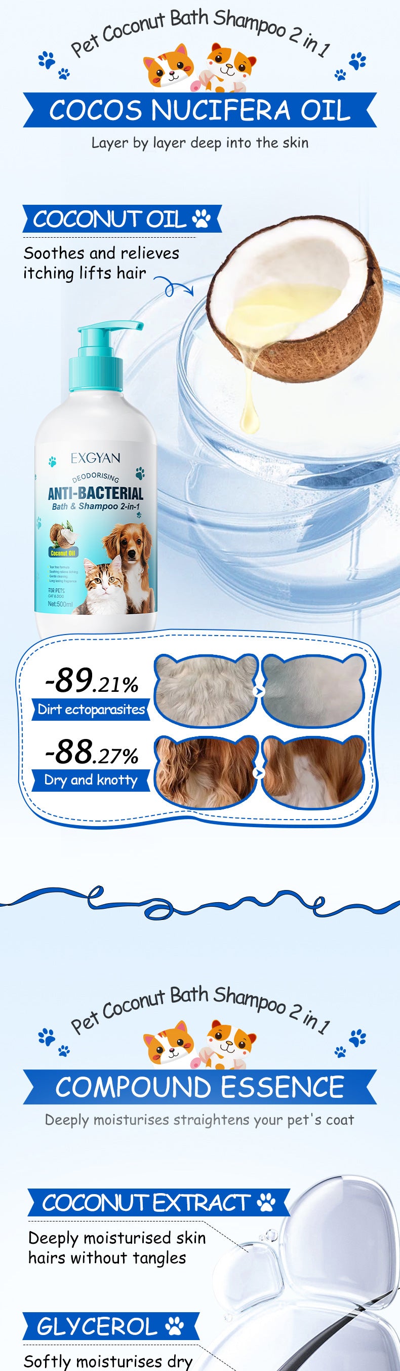 Pet Coconut Bath and Shampoo 2-in-1 EXGYAN Hair Care Cat and Dog Shampoo Cross-Border Wholesale - 图片 10