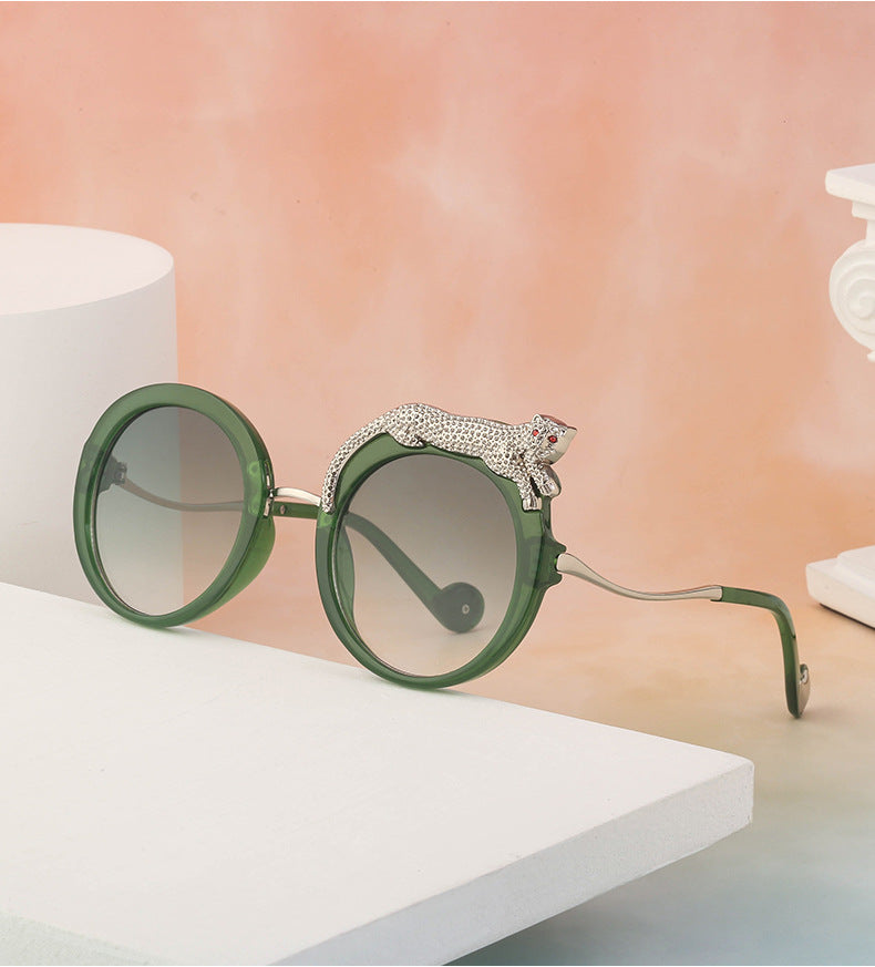 2025New Anti-Blue Light Glasses for Women Leopard Head Diamond-Studded European and American Round Frame Sunglasses Trendy Large Frame Sunglasses High-End Feel - 图片 18