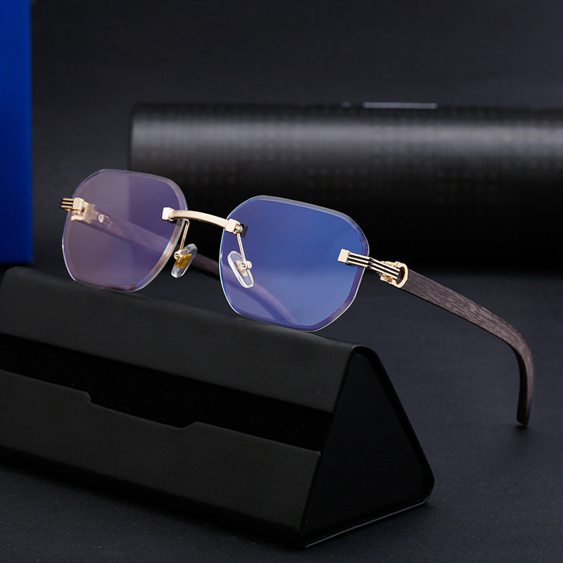 【Customization】Diamond Cut Rimless Glasses for Men, European and American Retro Style, Imitation Wood Grain Temple Sunglasses, Sun Protection Sunglasses