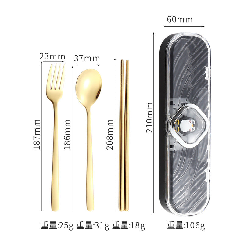 304Stainless Steel Tableware Student Cartoon Portable Tableware Set Work Outdoor Fork Spoon Chopsticks Three-piece Set - 图片 25