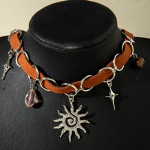 European and American Jewelry Maillard Sun Pendant choker Exaggerated Necklace  Leather patchwork vintage necklace