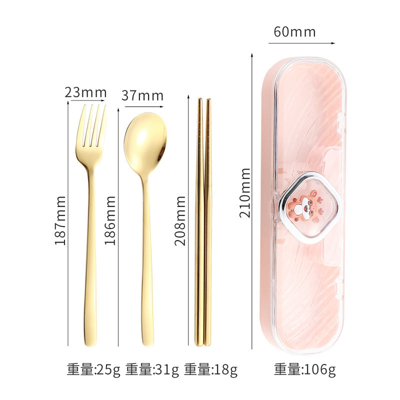 304Stainless Steel Tableware Student Cartoon Portable Tableware Set Work Outdoor Fork Spoon Chopsticks Three-piece Set - 图片 29