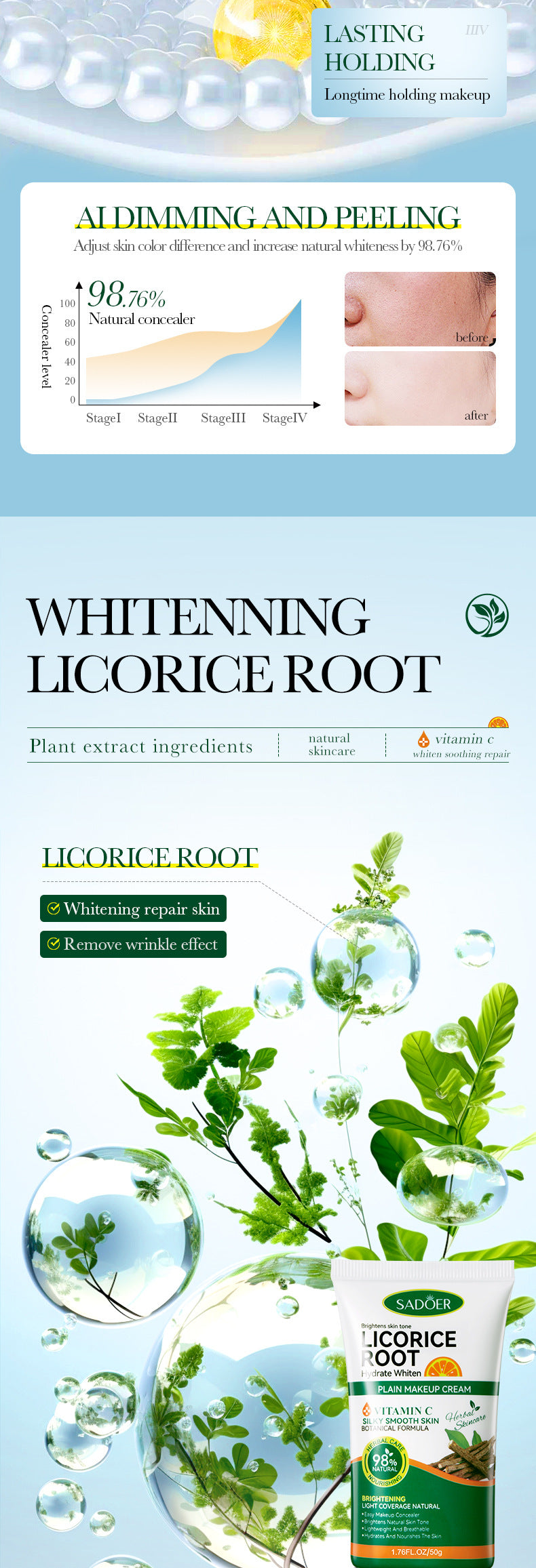 Makeup SADOER Licorice VC No Makeup Cream Whitening and Brightening Concealer Cream Cross-Border Wholesale - 图片 11