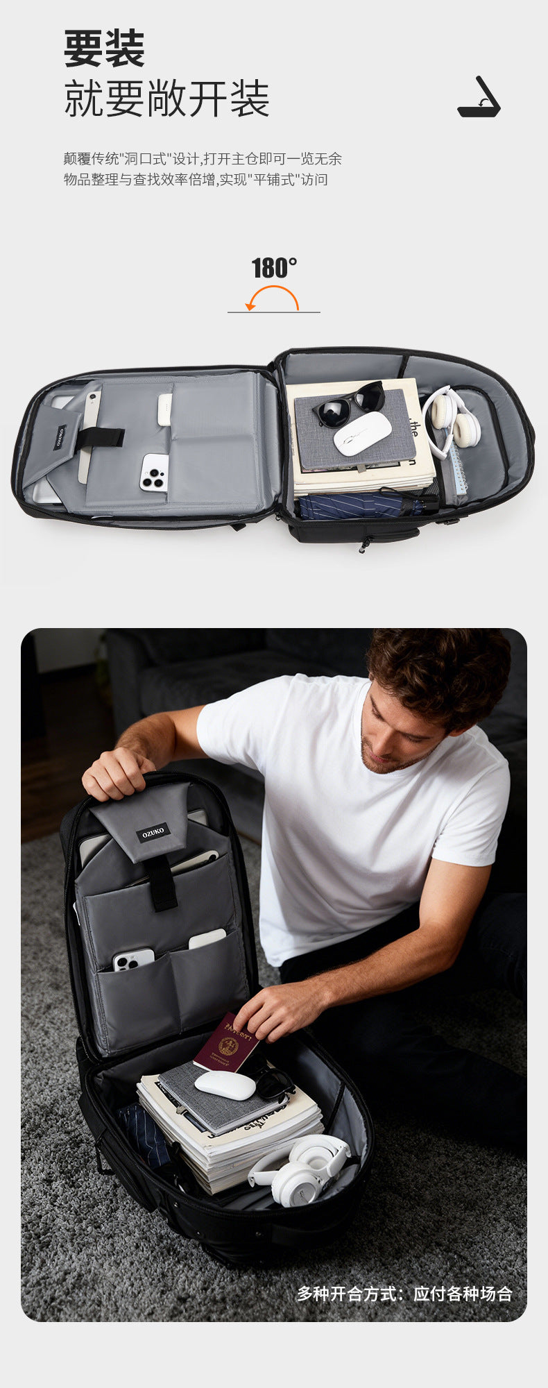 ozuko Business Backpack Men's Large Capacity Waterproof Computer Bag15.6Men's Commuter Backpack with High-End Feel - 图片 8