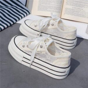 Women's White Sneakers with Breathable Mesh and Hollow Design2025Summer Versatile New Thick-Soled Casual Canvas Shoes ins