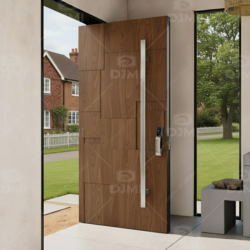 Natural Ash Solid Wood clear Lacquer 3D Irregular Surface Design Modern Front Entry Pivot Door with Long Handle and Smart Lock