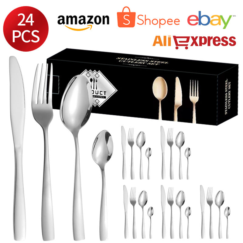 410Stainless Steel Tableware24Set of Hotel Western Dining Square Handle Steak Knife, Fork, Spoon, Tea Spoon - 图片 6