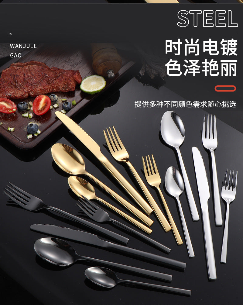 410Stainless Steel Tableware Hotel Restaurant Thickened Square Handle Knife Fork Spoon Set Western Food24Set of Steak Knives and Forks - 图片 26