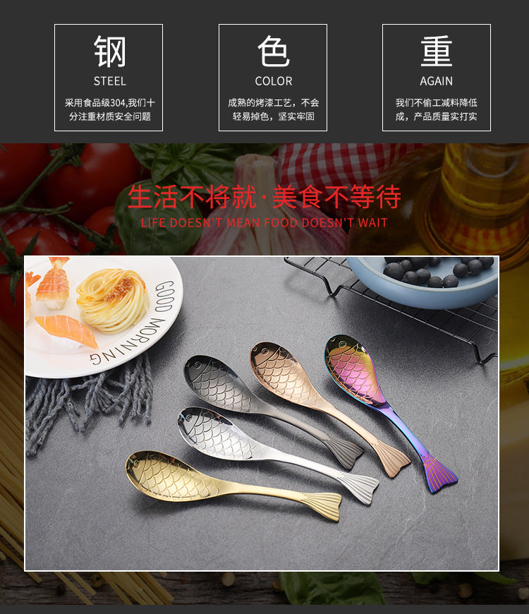 304Stainless Steel Spoon Cooking Restaurant Spoon Pickled Fish Spoon Cartoon Spoon PVD Titanium-plated Colorful Fish Tail Cute Spoon - 图片 22